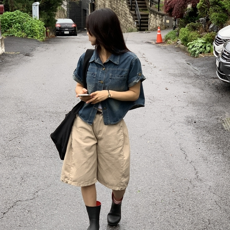 라이크 롤업 투포켓 반팔데님 자켓 셔츠 3color 진청