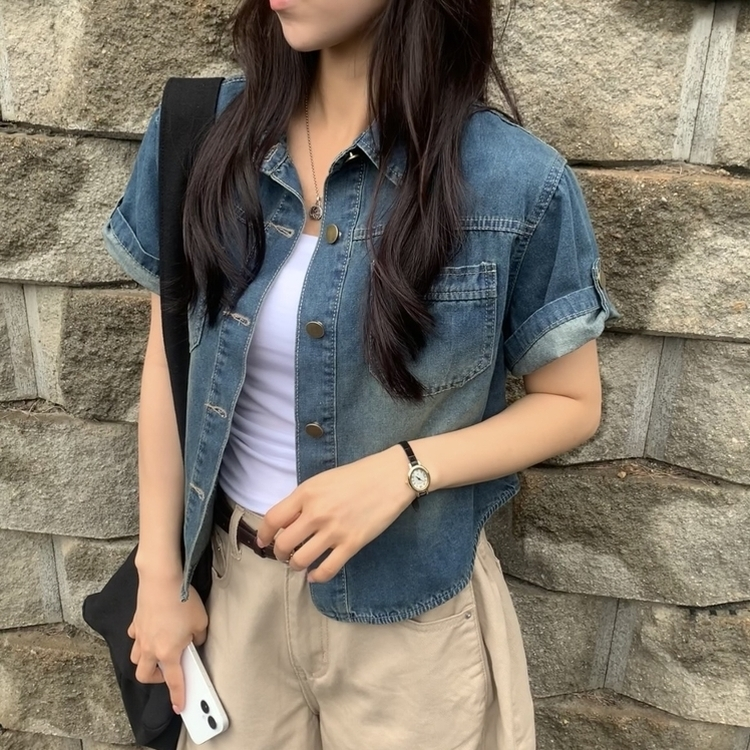 라이크 롤업 투포켓 반팔데님 자켓 셔츠 3color 진청