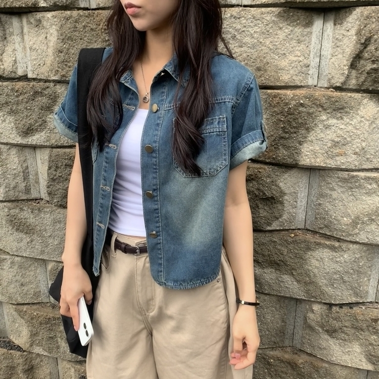 라이크 롤업 투포켓 반팔데님 자켓 셔츠 3color 진청