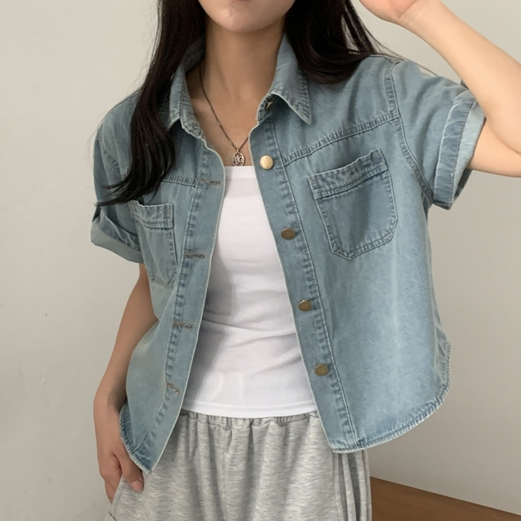 라이크 롤업 투포켓 반팔데님 자켓 셔츠 3color 연청