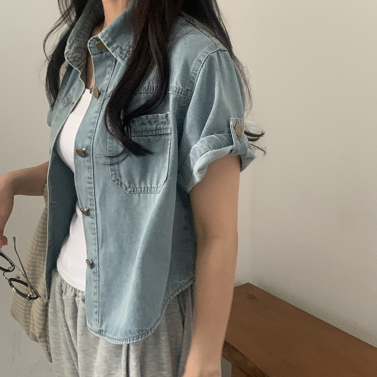 라이크 롤업 투포켓 반팔데님 자켓 셔츠 3color 연청