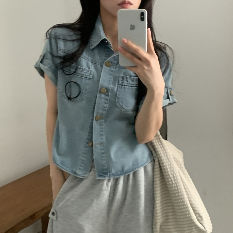 라이크 롤업 투포켓 반팔데님 자켓 셔츠 3color 연청