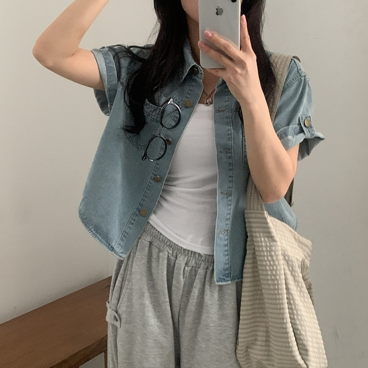 라이크 롤업 투포켓 반팔데님 자켓 셔츠 3color 연청