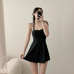 ビキニ 【カップ付き】リボンAラインミニワンピースビキニ BLACK