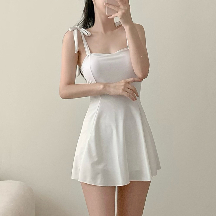 【カップ付き】リボンAラインミニワンピースビキニ IVORY