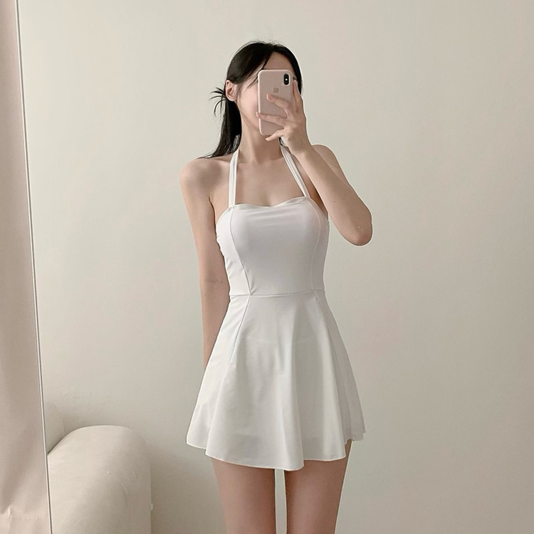 【カップ付き】リボンAラインミニワンピースビキニ IVORY