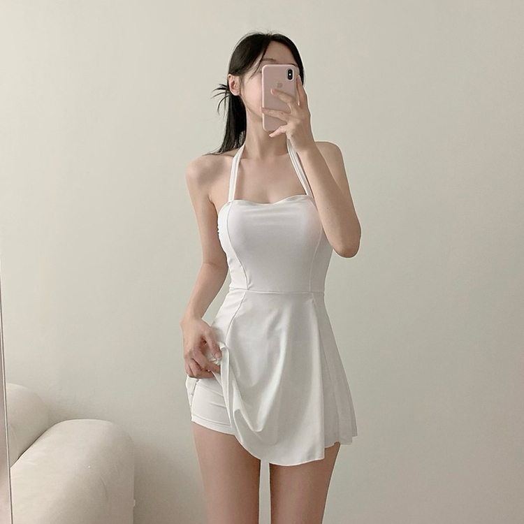 【カップ付き】リボンAラインミニワンピースビキニ IVORY