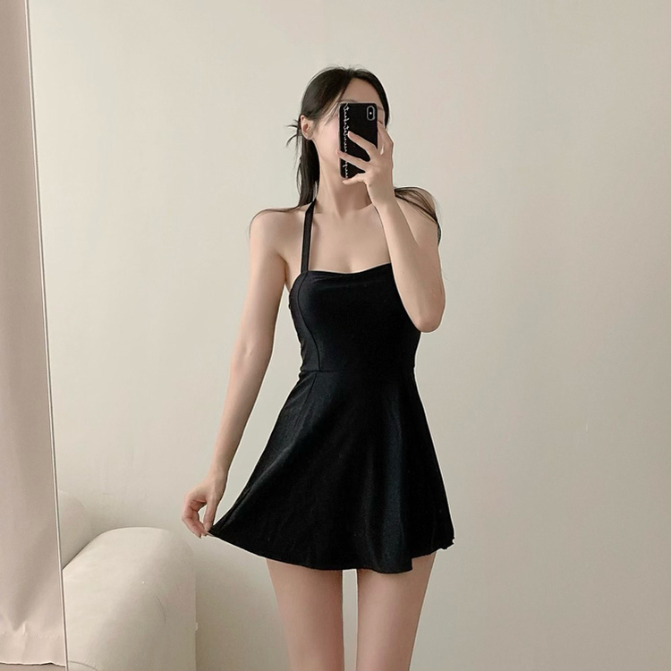 【カップ付き】リボンAラインミニワンピースビキニ BLACK