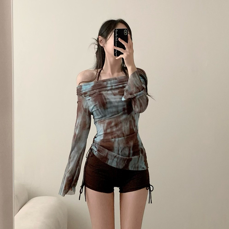 나염 팬츠 비치웨어 쓰리피스 홀터넥 비키니 수영복 긴팔 커버업 브라운