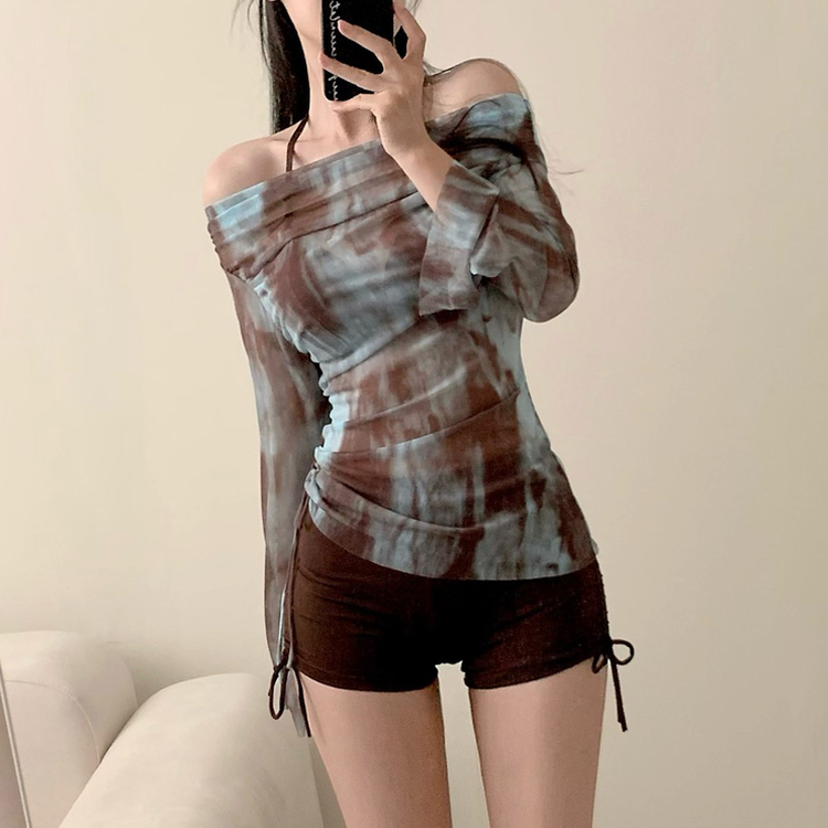 나염 팬츠 비치웨어 쓰리피스 홀터넥 비키니 수영복 긴팔 커버업 브라운