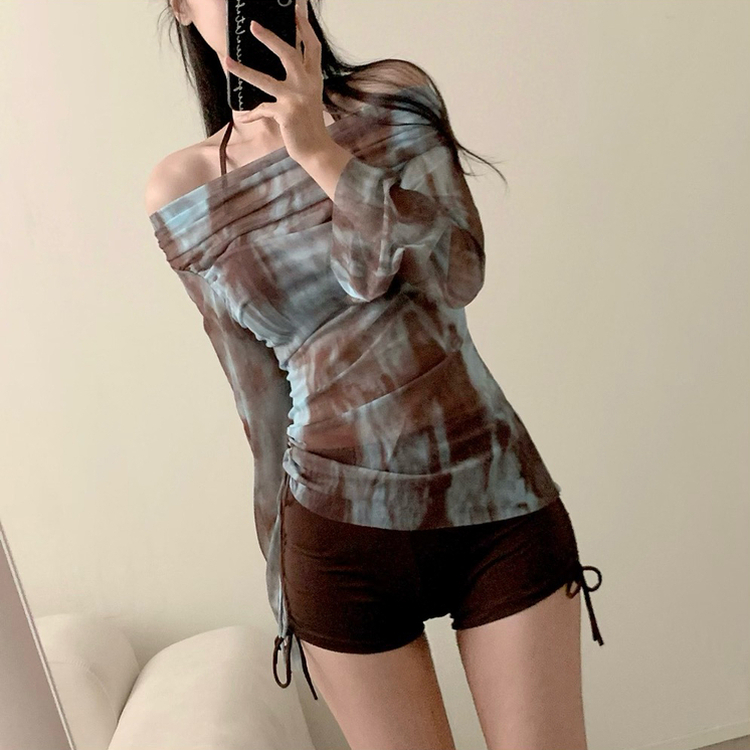 나염 팬츠 비치웨어 쓰리피스 홀터넥 비키니 수영복 긴팔 커버업 브라운