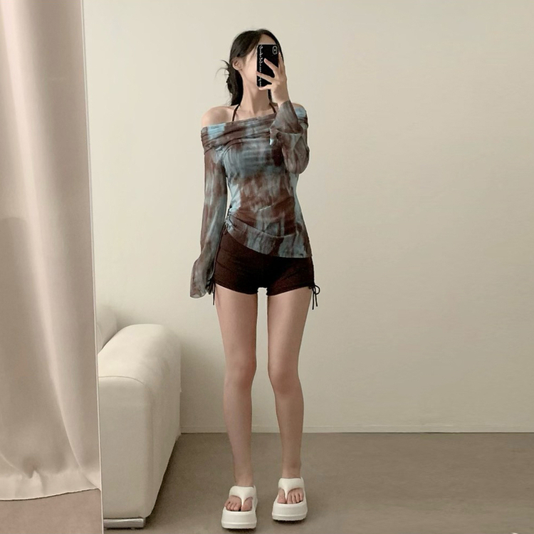 나염 팬츠 비치웨어 쓰리피스 홀터넥 비키니 수영복 긴팔 커버업 브라운