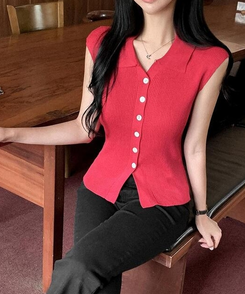 ノースリーブ リブキャミソールニット RED