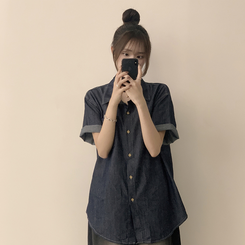 실물 보장하는 하리보 오버핏 카라 버튼 롤업 데님 여름 데님 반팔 남방 루즈핏 포켓 빈티지 청남방 3color 진청