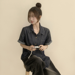 실물 보장하는 하리보 오버핏 카라 버튼 롤업 데님 여름 데님 반팔 남방 루즈핏 포켓 빈티지 청남방 3color 진청