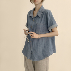 실물 보장하는 하리보 오버핏 카라 버튼 롤업 데님 여름 데님 반팔 남방 루즈핏 포켓 빈티지 청남방 3color 연청