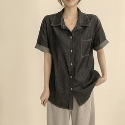 실물 보장하는 하리보 오버핏 카라 버튼 롤업 데님 여름 데님 반팔 남방 루즈핏 포켓 빈티지 청남방 3color 흑청