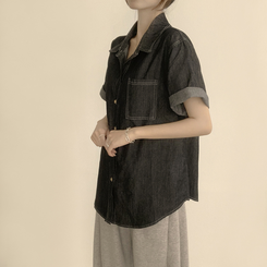 실물 보장하는 하리보 오버핏 카라 버튼 롤업 데님 여름 데님 반팔 남방 루즈핏 포켓 빈티지 청남방 3color 흑청