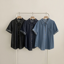 실물 보장하는 하리보 오버핏 카라 버튼 롤업 데님 여름 데님 반팔 남방 루즈핏 포켓 빈티지 청남방 3color