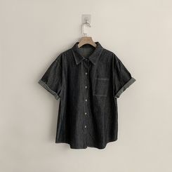 실물 보장하는 하리보 오버핏 카라 버튼 롤업 데님 여름 데님 반팔 남방 루즈핏 포켓 빈티지 청남방 3color