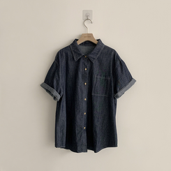 실물 보장하는 하리보 오버핏 카라 버튼 롤업 데님 여름 데님 반팔 남방 루즈핏 포켓 빈티지 청남방 3color