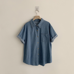 실물 보장하는 하리보 오버핏 카라 버튼 롤업 데님 여름 데님 반팔 남방 루즈핏 포켓 빈티지 청남방 3color