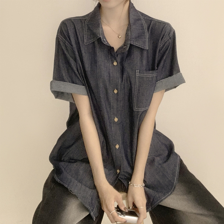 실물 보장하는 하리보 오버핏 카라 버튼 롤업 데님 여름 데님 반팔 남방 루즈핏 포켓 빈티지 청남방 3color 진청