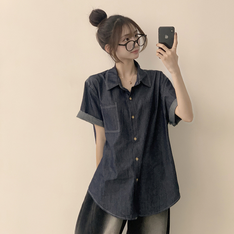 실물 보장하는 하리보 오버핏 카라 버튼 롤업 데님 여름 데님 반팔 남방 루즈핏 포켓 빈티지 청남방 3color 진청