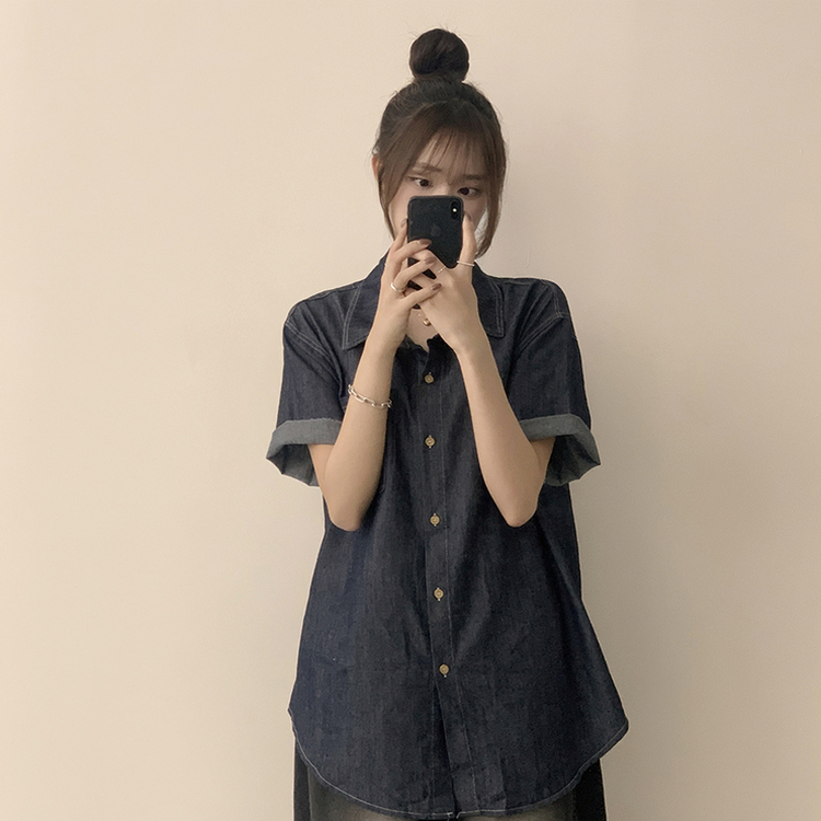 실물 보장하는 하리보 오버핏 카라 버튼 롤업 데님 여름 데님 반팔 남방 루즈핏 포켓 빈티지 청남방 3color 진청
