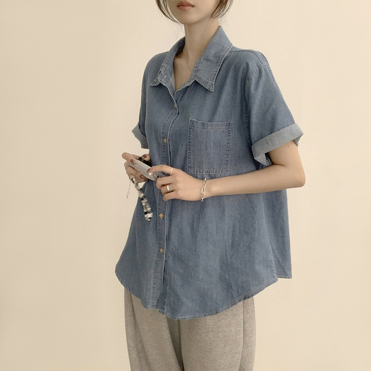 실물 보장하는 하리보 오버핏 카라 버튼 롤업 데님 여름 데님 반팔 남방 루즈핏 포켓 빈티지 청남방 3color 연청