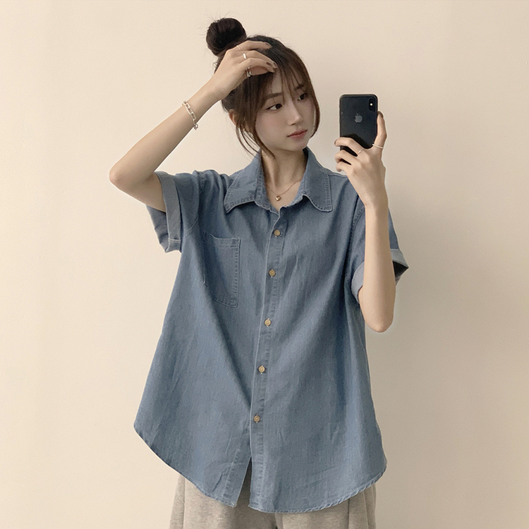 실물 보장하는 하리보 오버핏 카라 버튼 롤업 데님 여름 데님 반팔 남방 루즈핏 포켓 빈티지 청남방 3color 연청