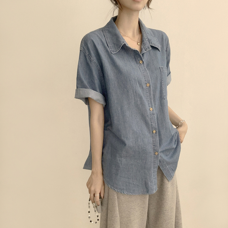 실물 보장하는 하리보 오버핏 카라 버튼 롤업 데님 여름 데님 반팔 남방 루즈핏 포켓 빈티지 청남방 3color 연청