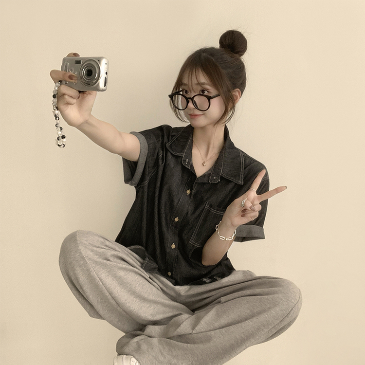 실물 보장하는 하리보 오버핏 카라 버튼 롤업 데님 여름 데님 반팔 남방 루즈핏 포켓 빈티지 청남방 3color 흑청