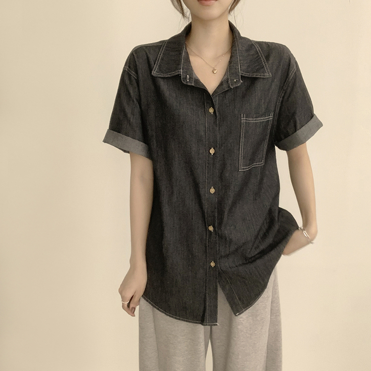 실물 보장하는 하리보 오버핏 카라 버튼 롤업 데님 여름 데님 반팔 남방 루즈핏 포켓 빈티지 청남방 3color 흑청