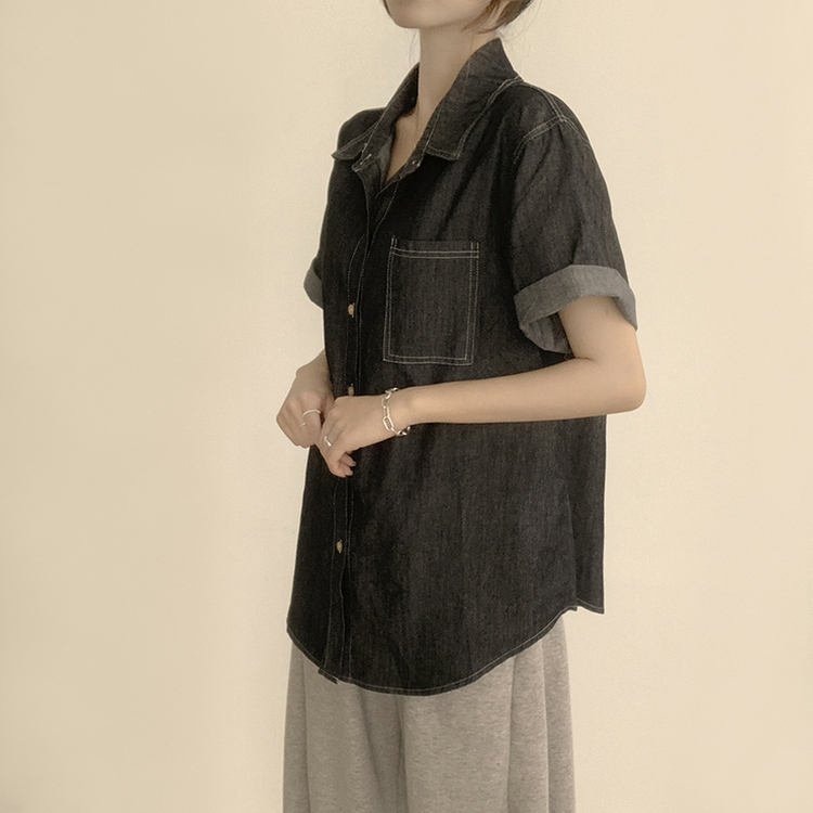 실물 보장하는 하리보 오버핏 카라 버튼 롤업 데님 여름 데님 반팔 남방 루즈핏 포켓 빈티지 청남방 3color 흑청