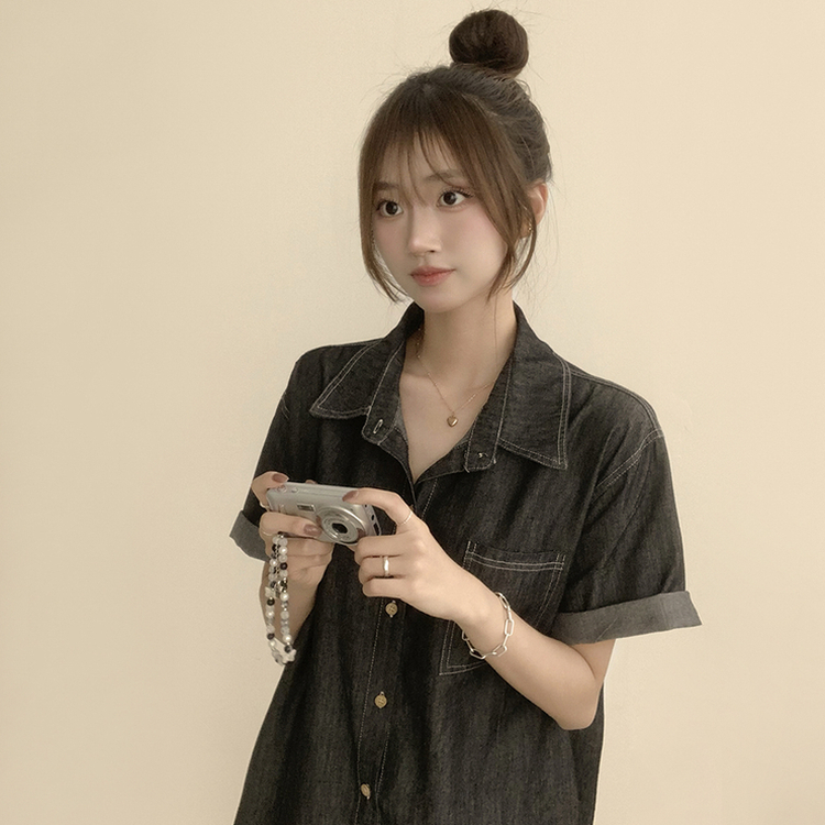 실물 보장하는 하리보 오버핏 카라 버튼 롤업 데님 여름 데님 반팔 남방 루즈핏 포켓 빈티지 청남방 3color 흑청