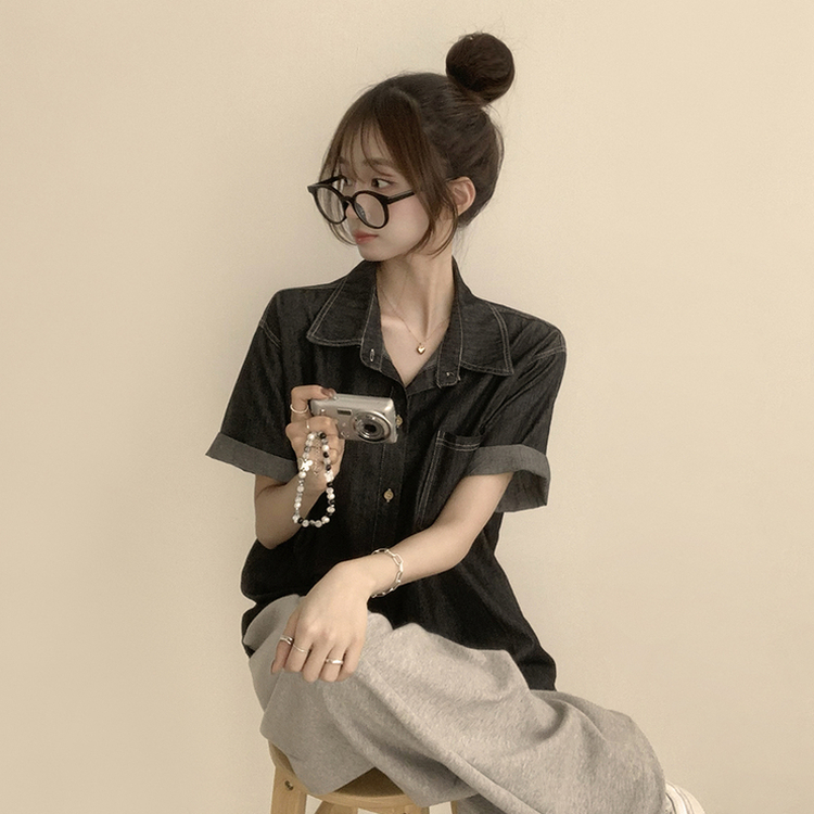 실물 보장하는 하리보 오버핏 카라 버튼 롤업 데님 여름 데님 반팔 남방 루즈핏 포켓 빈티지 청남방 3color 흑청