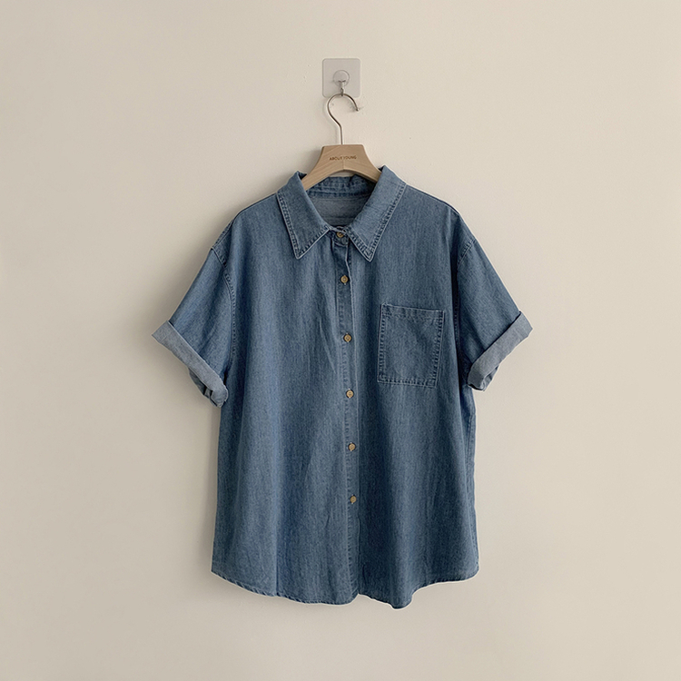 실물 보장하는 하리보 오버핏 카라 버튼 롤업 데님 여름 데님 반팔 남방 루즈핏 포켓 빈티지 청남방 3color