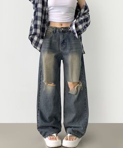 デニム 【丈別】ダメージバルーンワイドフィットデニムパンツ DEEP DENIM