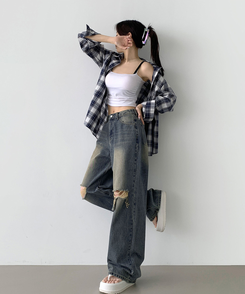 デニム 【丈別】ダメージバルーンワイドフィットデニムパンツ DEEP DENIM