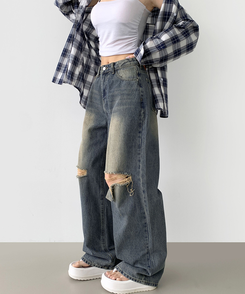 デニム 【丈別】ダメージバルーンワイドフィットデニムパンツ DEEP DENIM