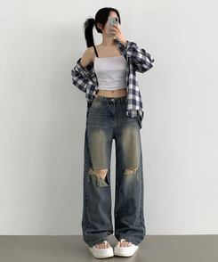 デニム 【丈別】ダメージバルーンワイドフィットデニムパンツ DEEP DENIM