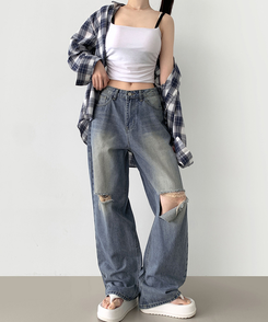 デニム 【丈別】ダメージバルーンワイドフィットデニムパンツ MID DENIM
