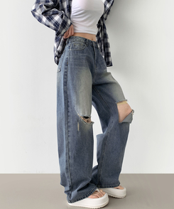 デニム 【丈別】ダメージバルーンワイドフィットデニムパンツ MID DENIM