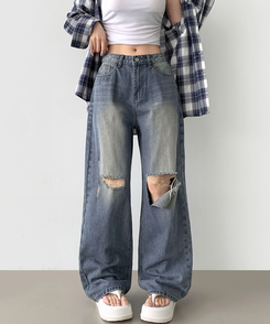 デニム 【丈別】ダメージバルーンワイドフィットデニムパンツ MID DENIM