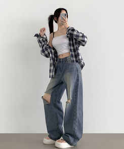 デニム 【丈別】ダメージバルーンワイドフィットデニムパンツ MID DENIM