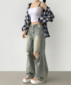 デニム 【丈別】ダメージバルーンワイドフィットデニムパンツ LIGHT BLUE