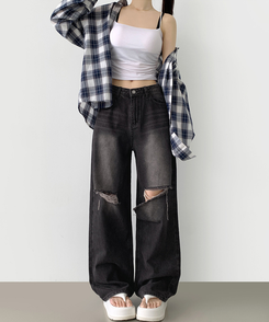 デニム 【丈別】ダメージバルーンワイドフィットデニムパンツ BLACK DENIM