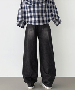 デニム 【丈別】ダメージバルーンワイドフィットデニムパンツ BLACK DENIM