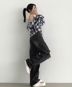 デニム 【丈別】ダメージバルーンワイドフィットデニムパンツ BLACK DENIM